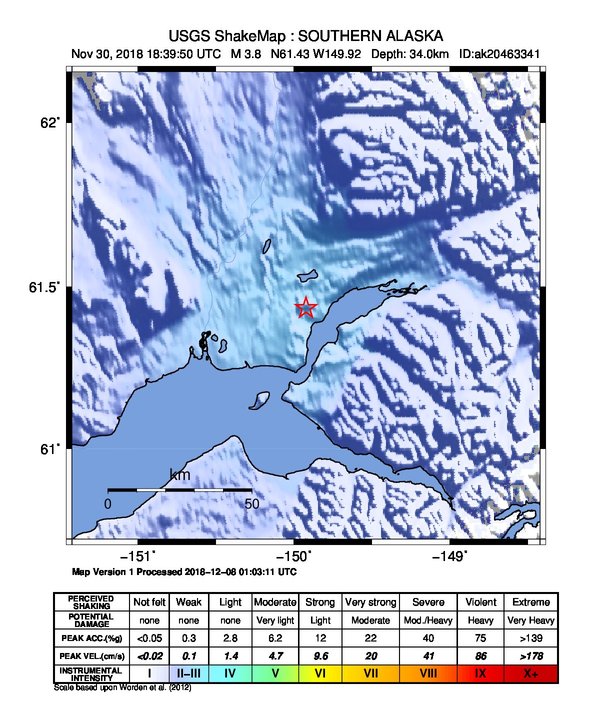 USGS ShakeMap: estimated shaking intensity around the epicenter