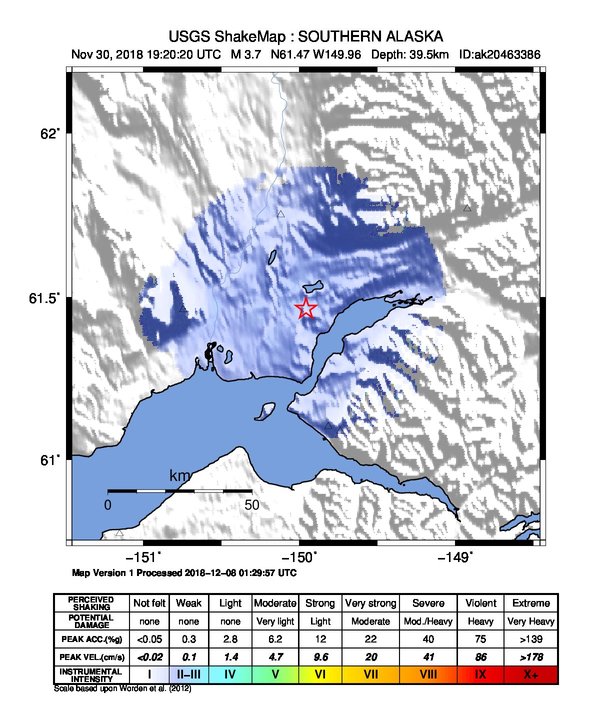USGS ShakeMap: estimated shaking intensity around the epicenter