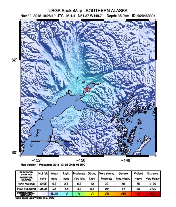 USGS ShakeMap: estimated shaking intensity around the epicenter