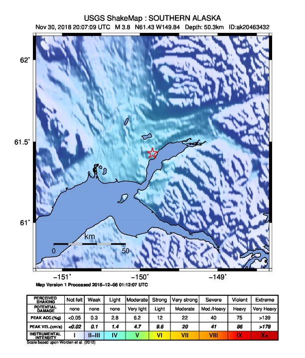 USGS ShakeMap: estimated shaking intensity around the epicenter