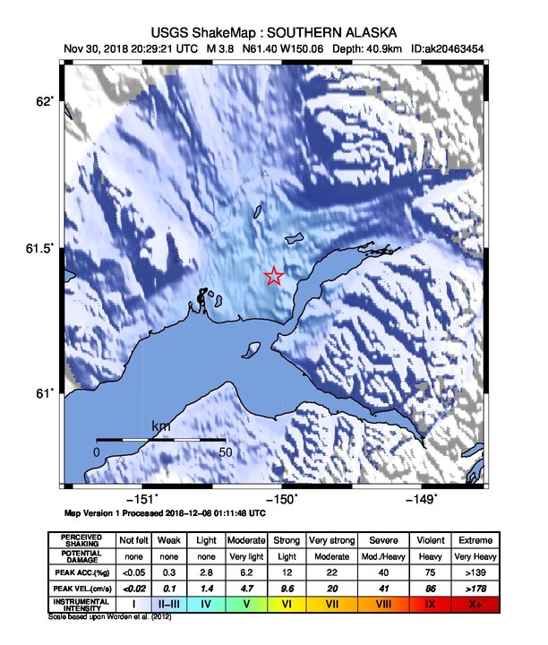 USGS ShakeMap: estimated shaking intensity around the epicenter