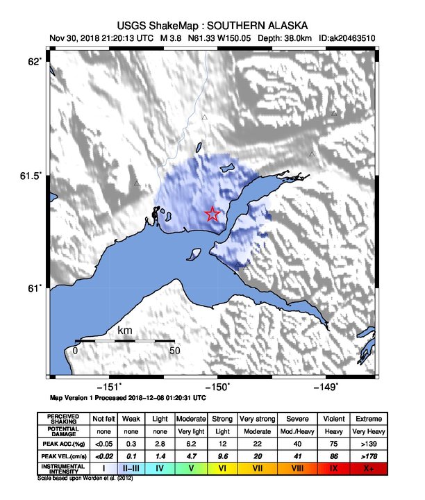 USGS ShakeMap: estimated shaking intensity around the epicenter
