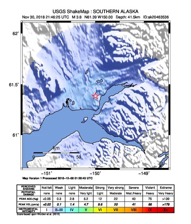 USGS ShakeMap: estimated shaking intensity around the epicenter