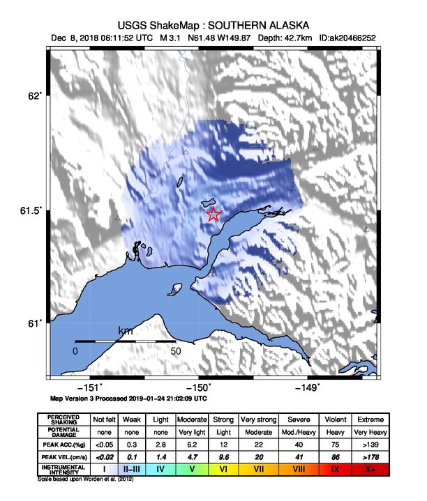 USGS ShakeMap: estimated shaking intensity around the epicenter