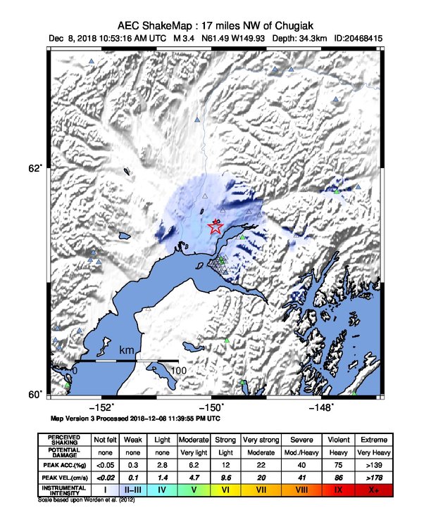 USGS ShakeMap: estimated shaking intensity around the epicenter