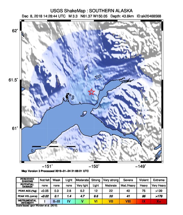 USGS ShakeMap: estimated shaking intensity around the epicenter
