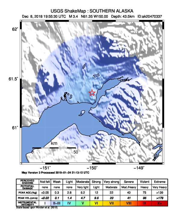 USGS ShakeMap: estimated shaking intensity around the epicenter