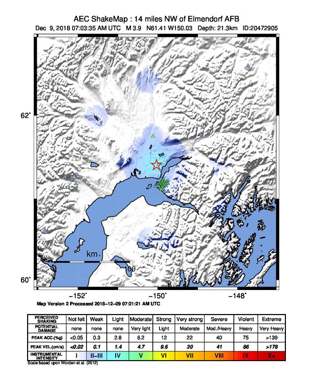 USGS ShakeMap: estimated shaking intensity around the epicenter