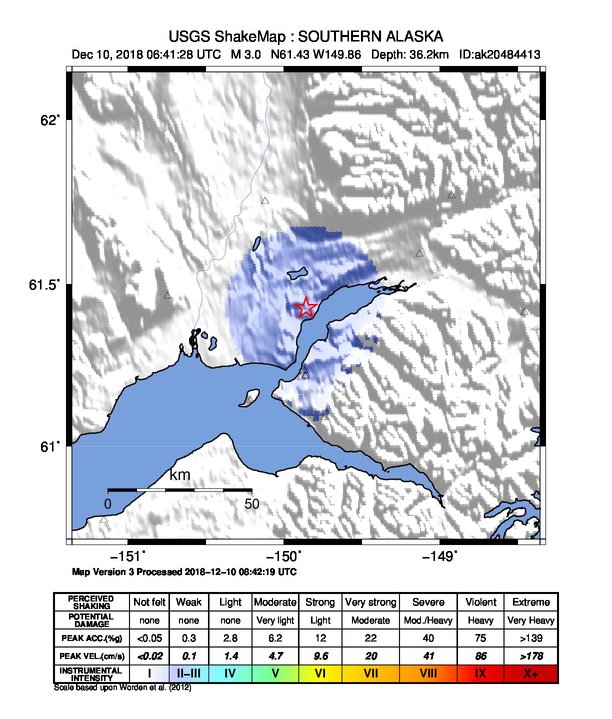 USGS ShakeMap: estimated shaking intensity around the epicenter