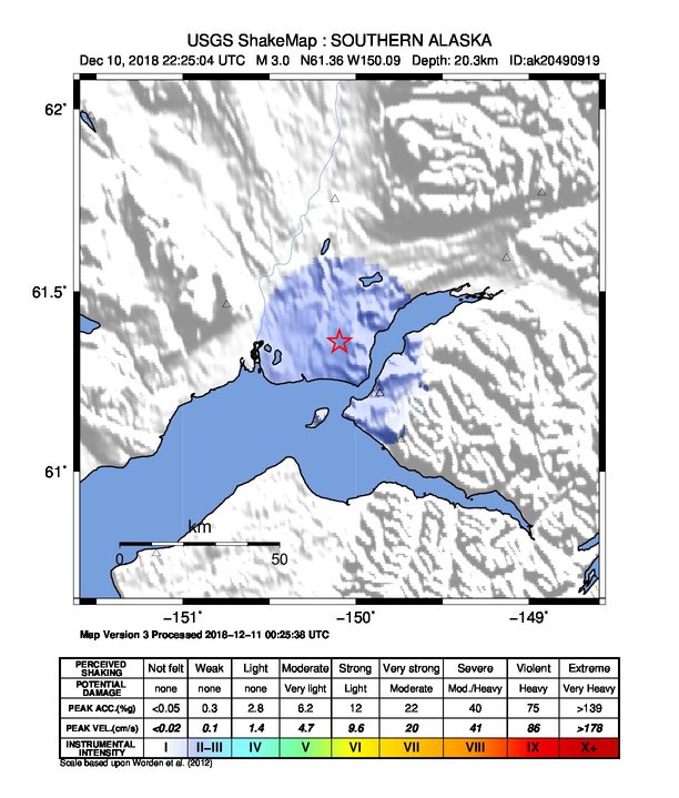 USGS ShakeMap: estimated shaking intensity around the epicenter