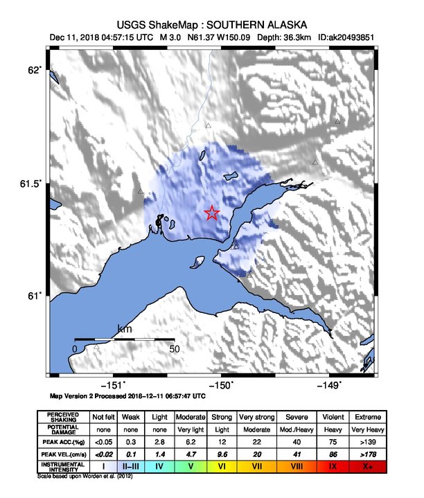 USGS ShakeMap: estimated shaking intensity around the epicenter