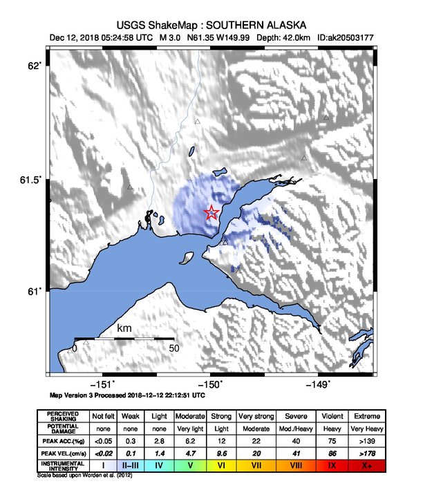 USGS ShakeMap: estimated shaking intensity around the epicenter