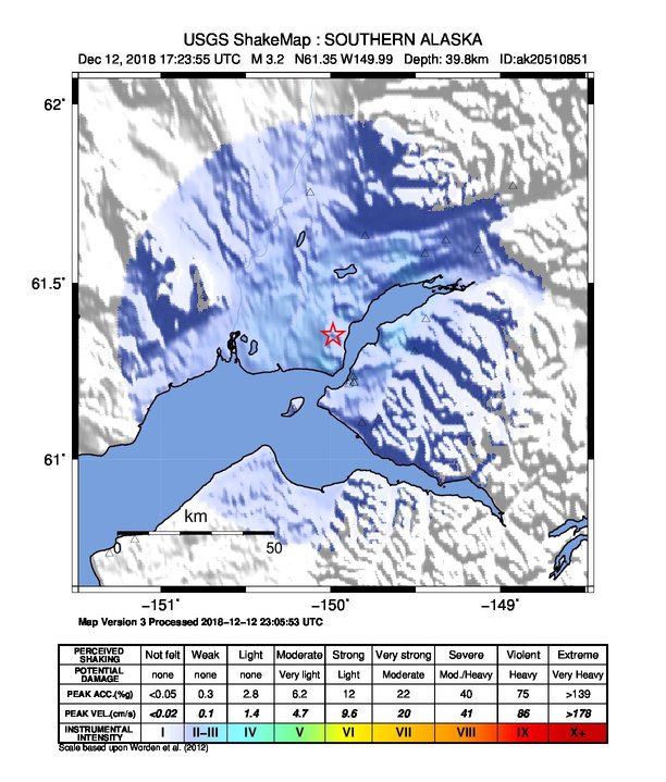 USGS ShakeMap: estimated shaking intensity around the epicenter
