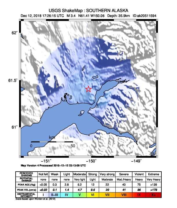USGS ShakeMap: estimated shaking intensity around the epicenter