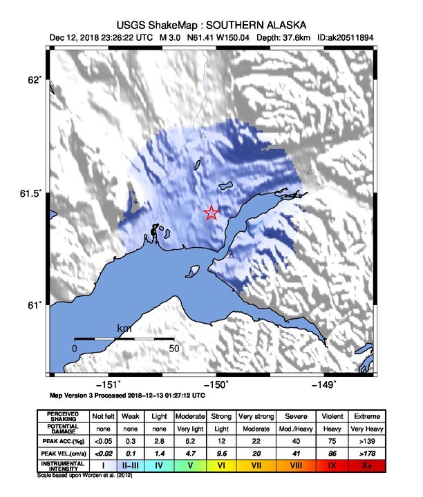 USGS ShakeMap: estimated shaking intensity around the epicenter