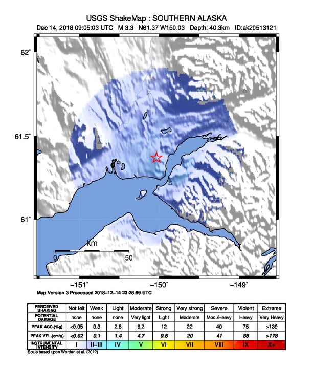 USGS ShakeMap: estimated shaking intensity around the epicenter