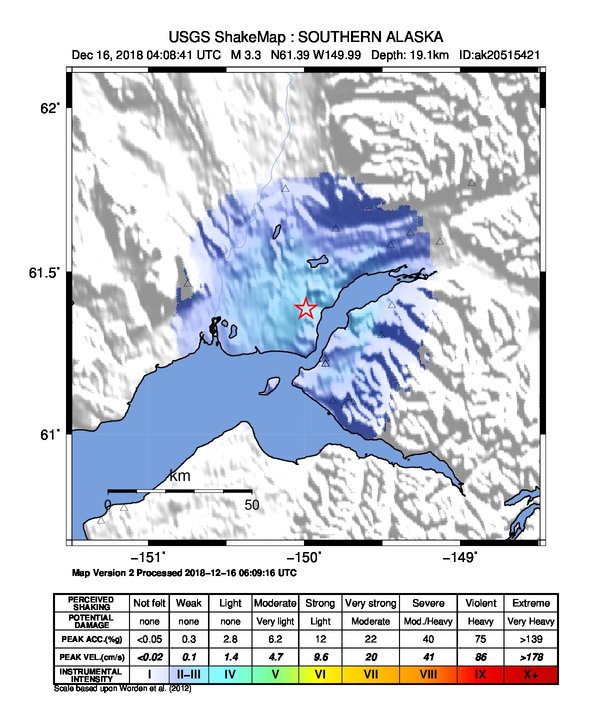 USGS ShakeMap: estimated shaking intensity around the epicenter