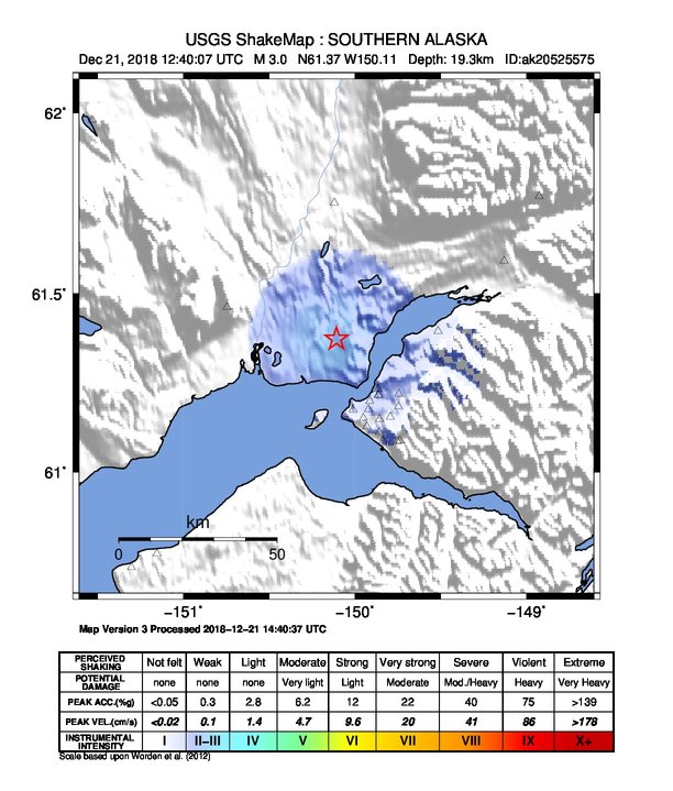 USGS ShakeMap: estimated shaking intensity around the epicenter