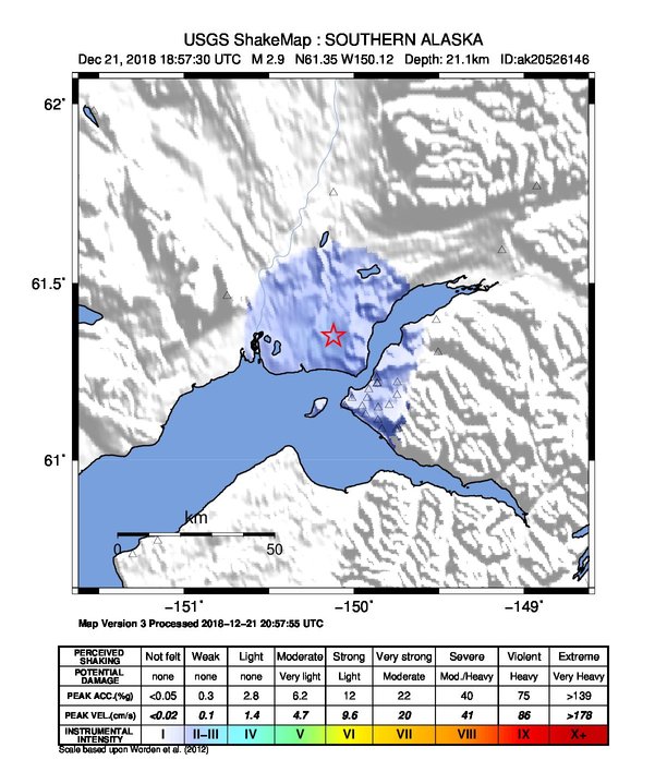 USGS ShakeMap: estimated shaking intensity around the epicenter