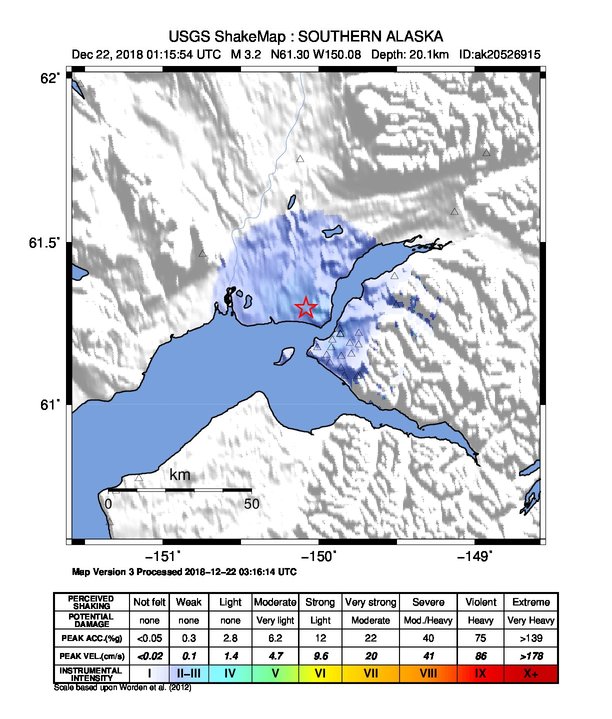 USGS ShakeMap: estimated shaking intensity around the epicenter
