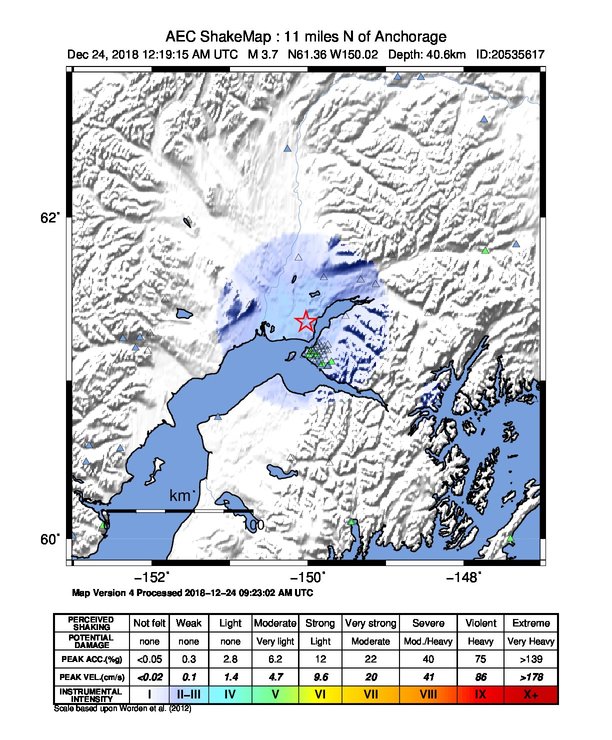USGS ShakeMap: estimated shaking intensity around the epicenter