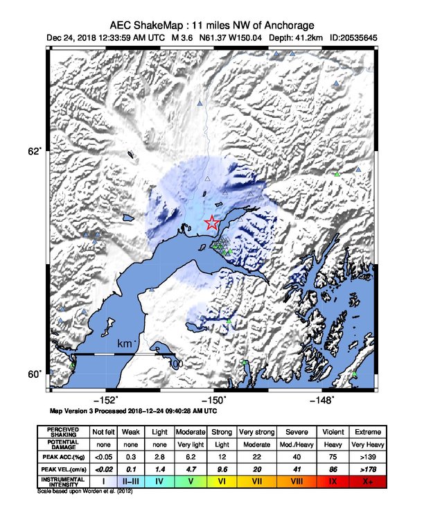 USGS ShakeMap: estimated shaking intensity around the epicenter