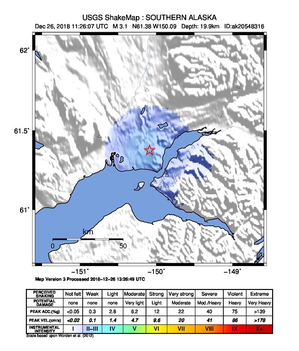 USGS ShakeMap: estimated shaking intensity around the epicenter