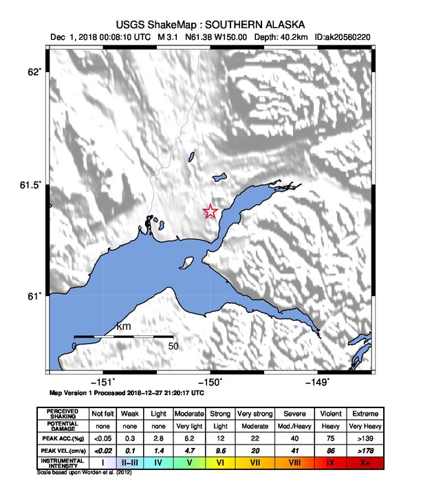 USGS ShakeMap: estimated shaking intensity around the epicenter
