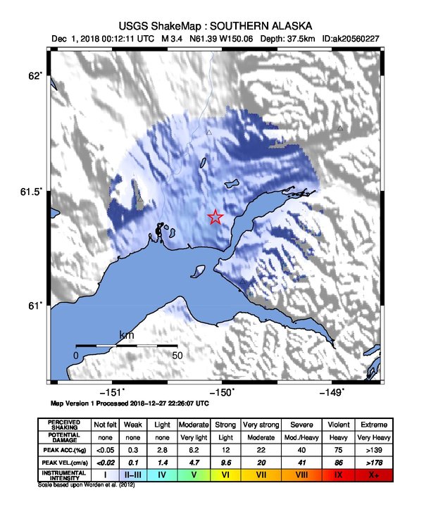 USGS ShakeMap: estimated shaking intensity around the epicenter