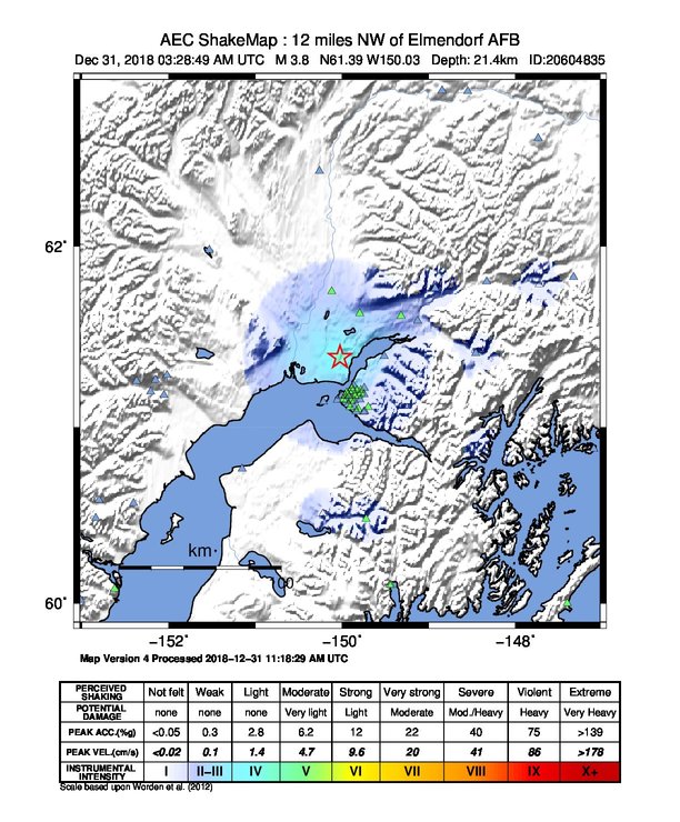 USGS ShakeMap: estimated shaking intensity around the epicenter