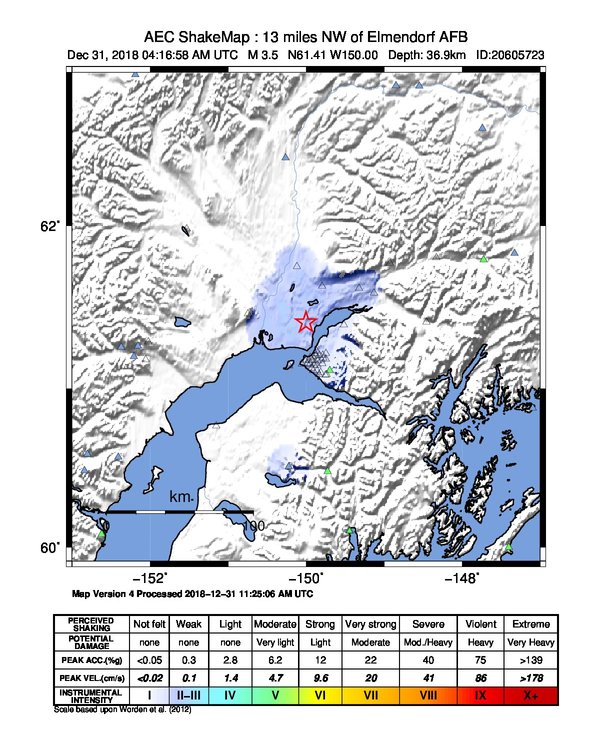 USGS ShakeMap: estimated shaking intensity around the epicenter
