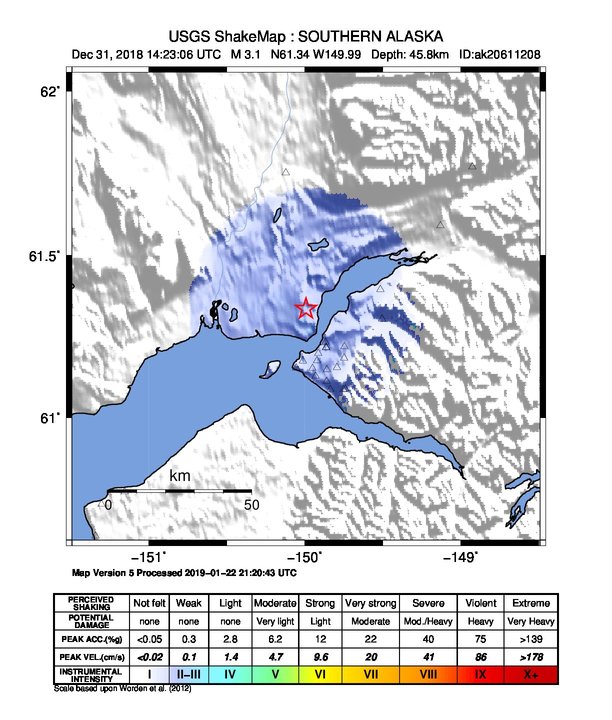 USGS ShakeMap: estimated shaking intensity around the epicenter