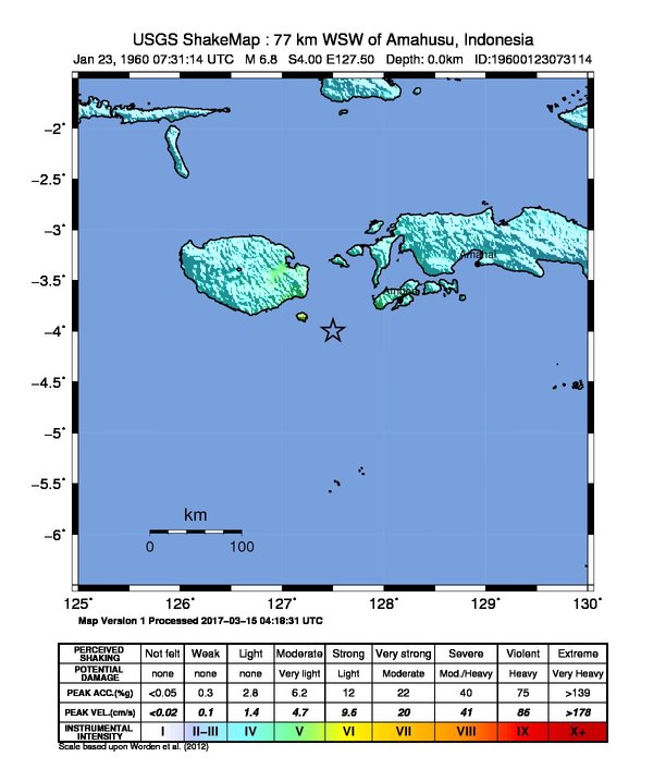 USGS ShakeMap: estimated shaking intensity around the epicenter