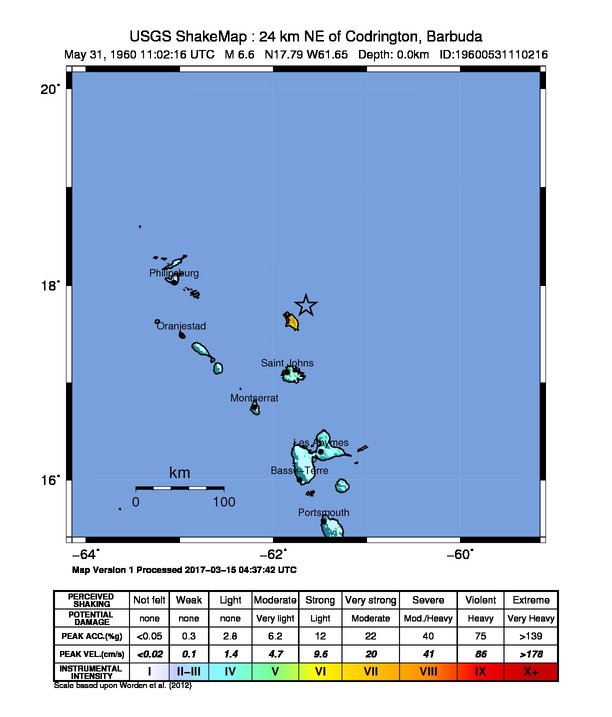 USGS ShakeMap: estimated shaking intensity around the epicenter