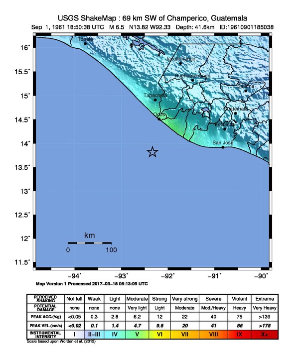 USGS ShakeMap: estimated shaking intensity around the epicenter