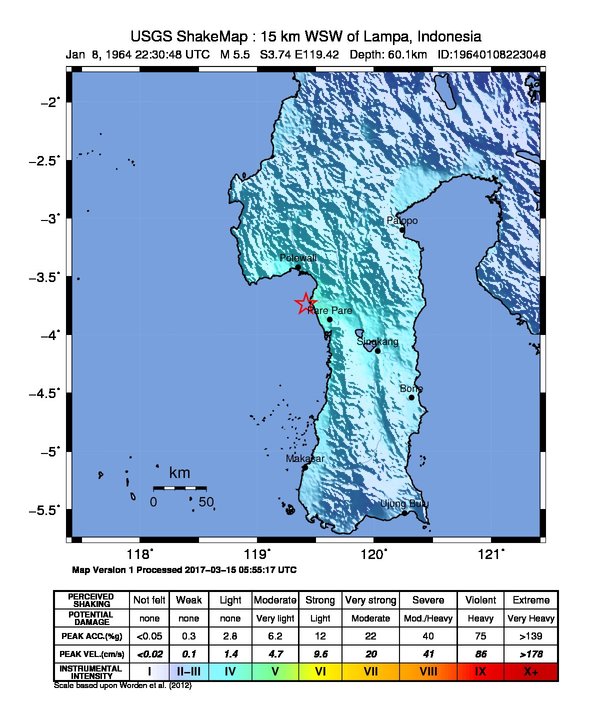 USGS ShakeMap: estimated shaking intensity around the epicenter