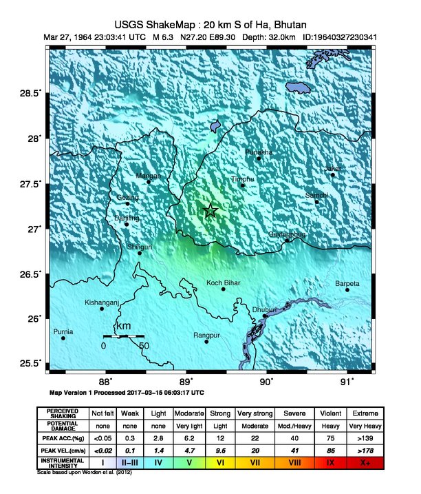 USGS ShakeMap: estimated shaking intensity around the epicenter