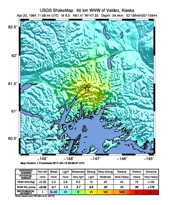 USGS ShakeMap: estimated shaking intensity around the epicenter