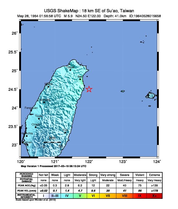 USGS ShakeMap: estimated shaking intensity around the epicenter