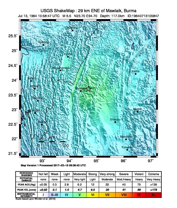 USGS ShakeMap: estimated shaking intensity around the epicenter