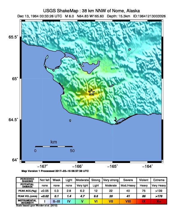 USGS ShakeMap: estimated shaking intensity around the epicenter