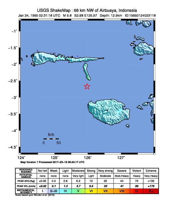 USGS ShakeMap: estimated shaking intensity around the epicenter