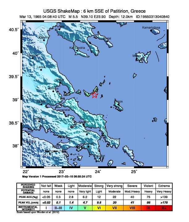 USGS ShakeMap: estimated shaking intensity around the epicenter