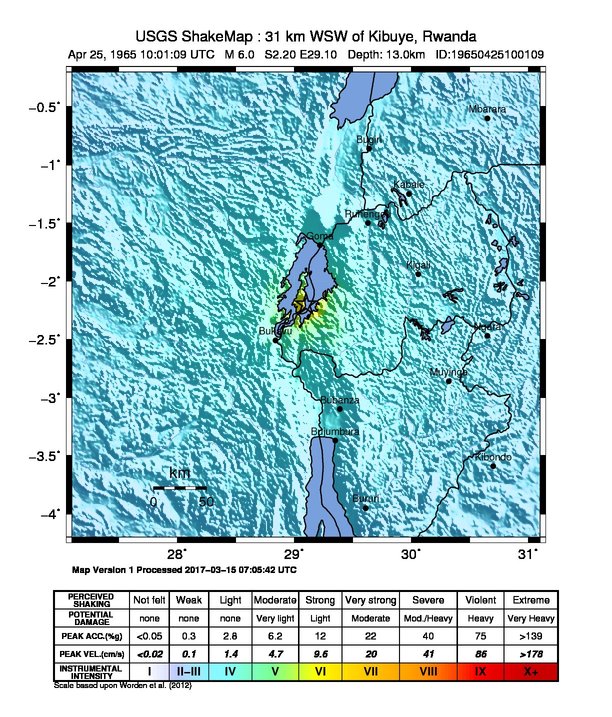 USGS ShakeMap: estimated shaking intensity around the epicenter