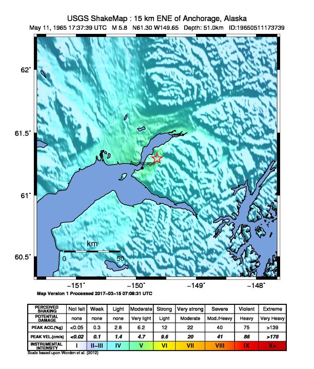 USGS ShakeMap: estimated shaking intensity around the epicenter