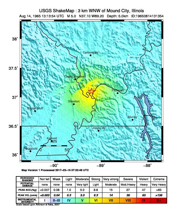USGS ShakeMap: estimated shaking intensity around the epicenter