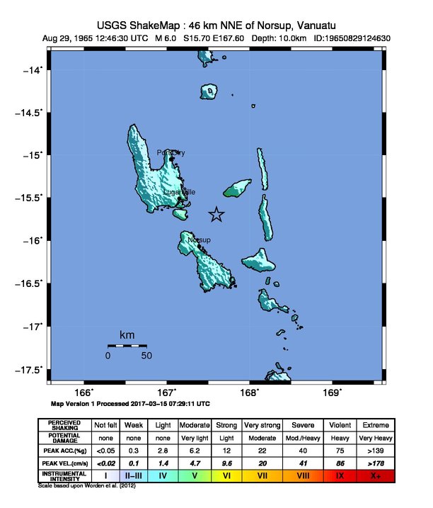 USGS ShakeMap: estimated shaking intensity around the epicenter