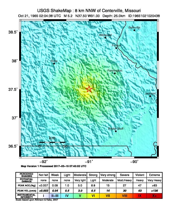 USGS ShakeMap: estimated shaking intensity around the epicenter