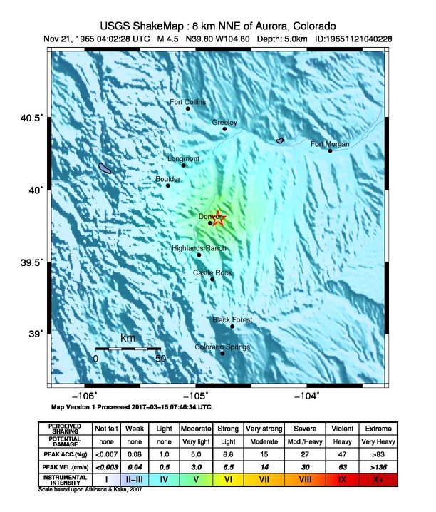 USGS ShakeMap: estimated shaking intensity around the epicenter