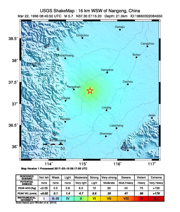 USGS ShakeMap: estimated shaking intensity around the epicenter